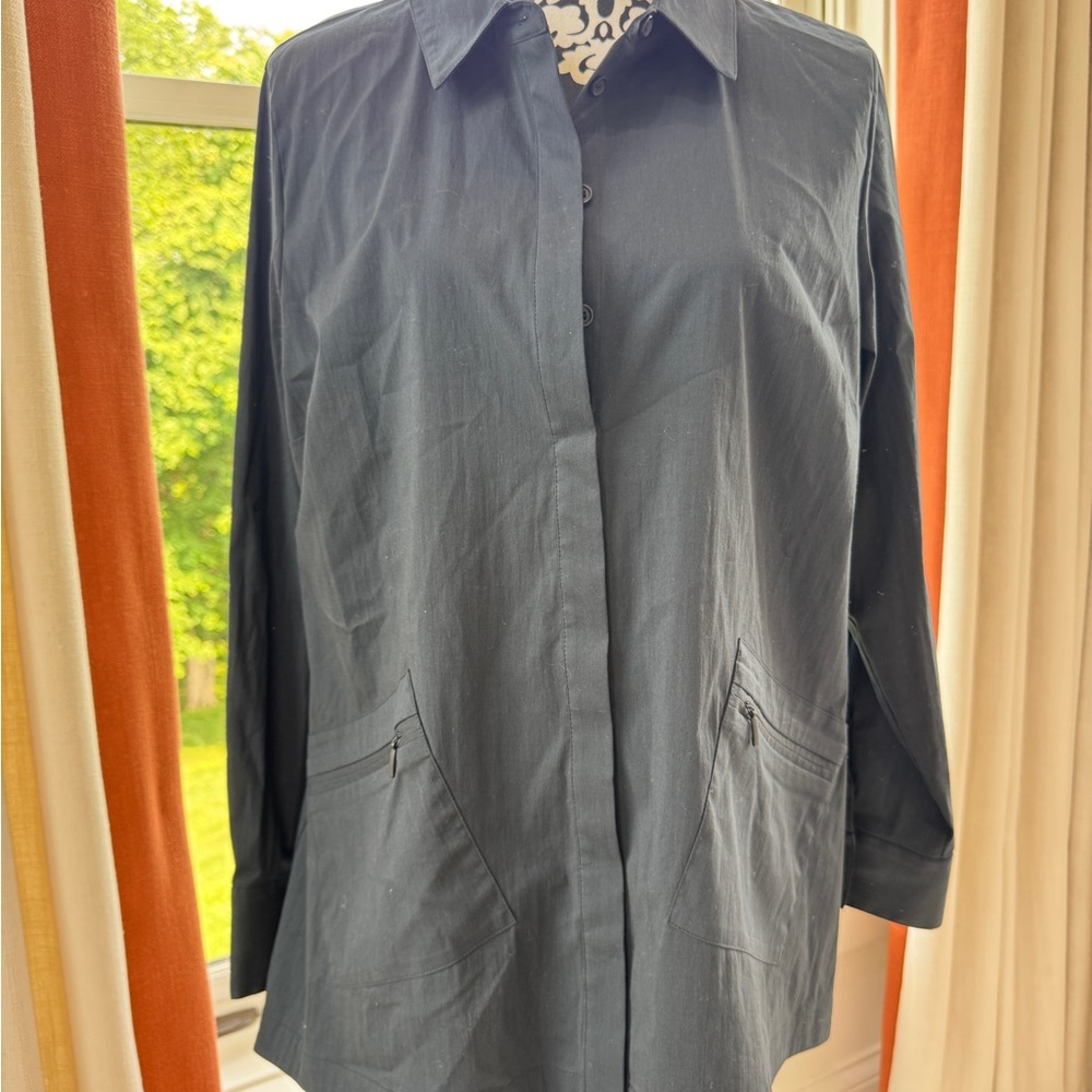 Soft Surroundings Black Notched Collar Button Down with Zip Pockets